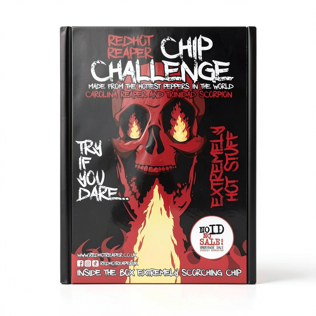 Red Hot Reaper spicy chips bag with included glove on a dark background