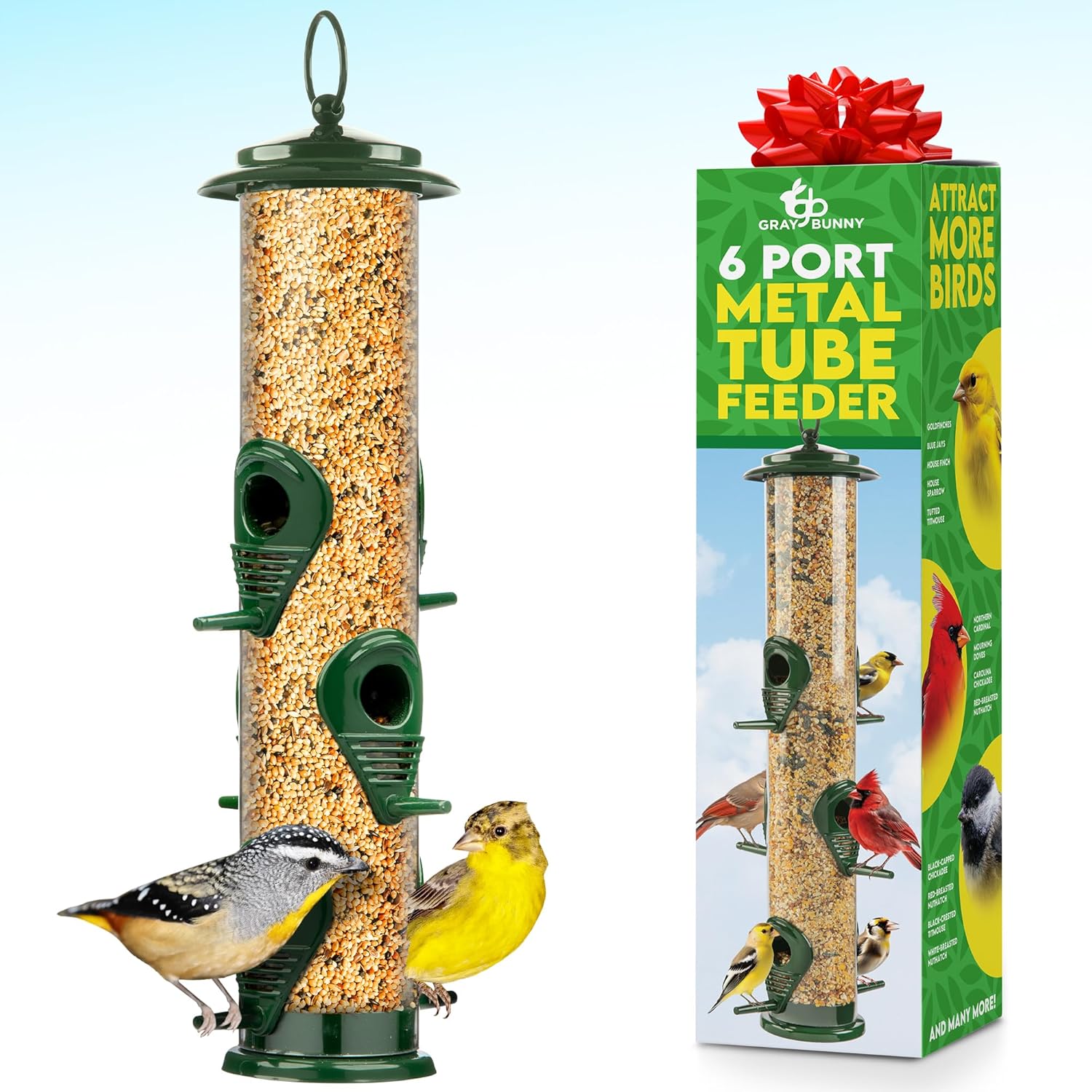Gray Bunny Finch Bird Feeder hanging in a garden