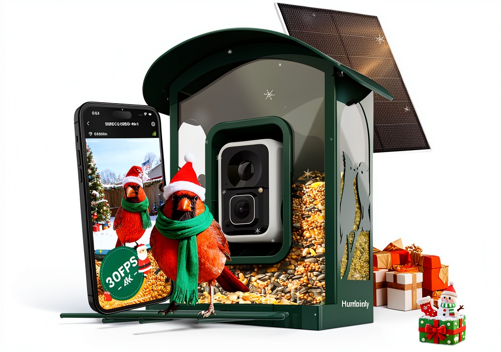 Humbirdy smart bird feeder installed in a garden setting