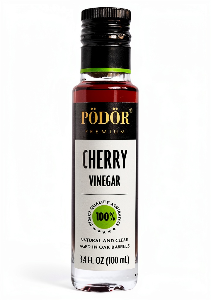 Pödör Cherry Vinegar bottle showcasing its bordeaux color and elegant packaging