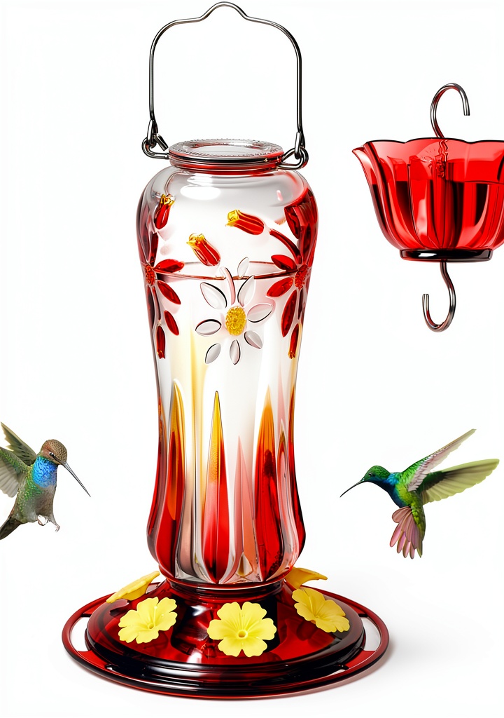 Kingsyard Hummingbird Feeder hanging in a garden with hummingbirds feeding