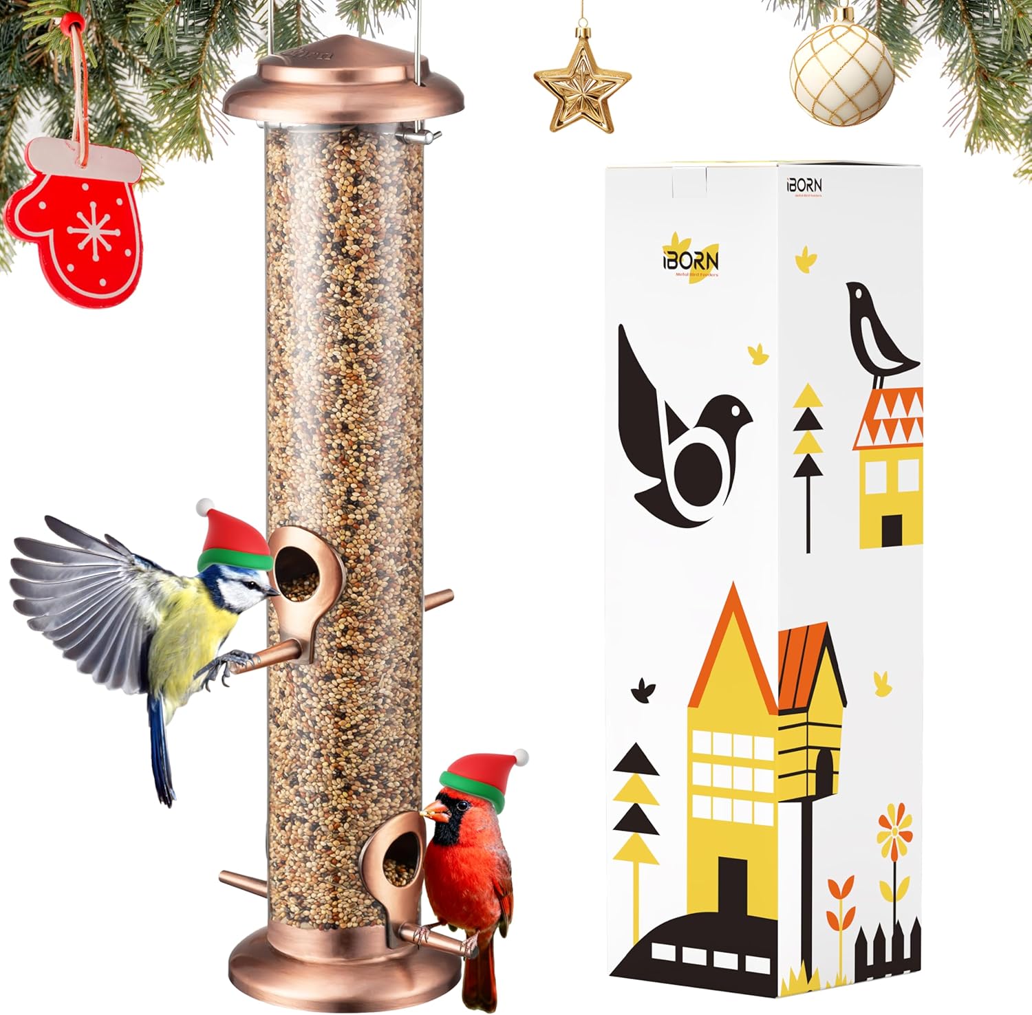 Installing iBorn Copper Bird Feeder Finch Seed Rust Resistant Hanging on a wooden garden bench