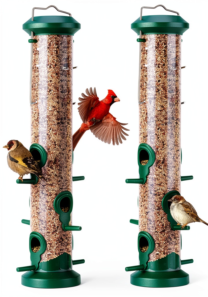Kingsyard tube bird feeder hanging in a garden with birds feeding