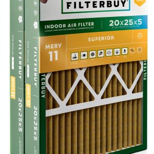 Filterbuy 20x25x5 Air Filter MERV 11 Superior Pet & Allergy Defense (2-Pack), Pleated HVAC AC Furnace Filters for Honeywell FC100A1037, Lennox X6673, and More (Actual Size: 19.88 x 24.75 x 4.38)-0