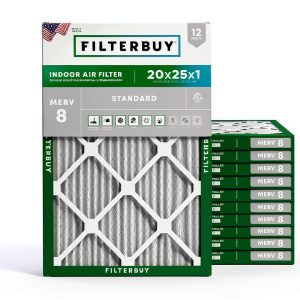 Filterbuy 20x25x1 Air Filter MERV 8 Essential Dust & Allergy Defense (12-Pack), Electrostatic Pleated HVAC AC Furnace Filters Replacement, Made in USA (Actual Size: 19.50 x 24.50 x 0.75)-0
