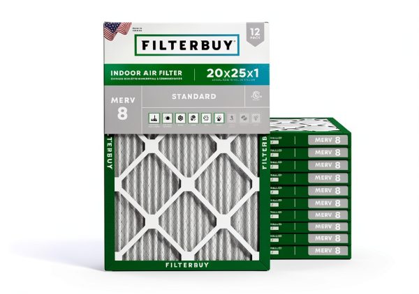 Filterbuy 20x25x1 Air Filter MERV 8 Essential Dust & Allergy Defense (12-Pack), Electrostatic Pleated HVAC AC Furnace Filters Replacement, Made in USA (Actual Size: 19.50 x 24.50 x 0.75)-0