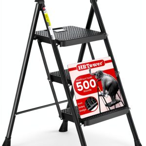 Step Ladder HBTower Folding 3 Step Anti Slip Pedal Black-0