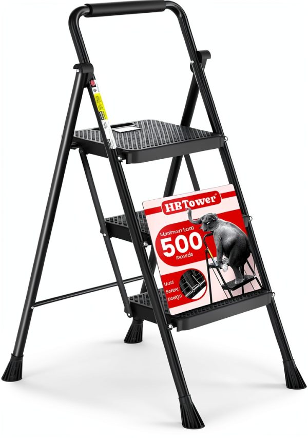 Step Ladder HBTower Folding 3 Step Anti Slip Pedal Black-0
