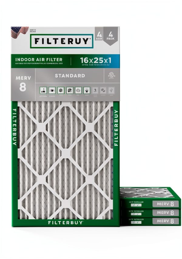 Filterbuy 16x25x1 Air Filter MERV 8 Essential Dust & Allergy Defense (4-Pack), Electrostatic Pleated HVAC AC Furnace Filters Replacement, Made in USA (Actual Size: 15.50 x 24.50 x 0.75)-0