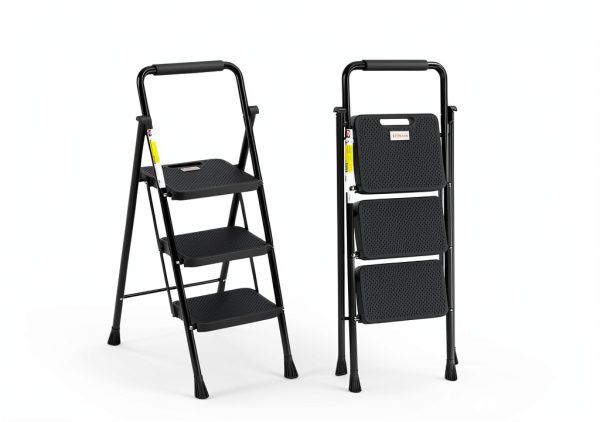 Step Ladder HBTower Folding 3 Step Anti Slip Pedal Black-5