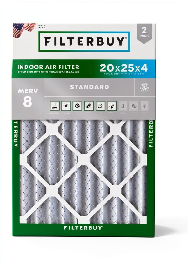 Filterbuy 20x25x4 Air Filter MERV 8 Essential Dust & Allergy Defense (2-Pack), Electrostatic Pleated HVAC AC Furnace Filters Replacement, Made in USA (Actual Size: 19.50 x 24.50 x 3.63)-0
