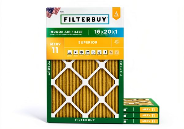 Filterbuy 16x20x1 Air Filter MERV 11 Superior Pet & Allergy Defense (4-Pack), Electrostatic Pleated HVAC AC Furnace Filters Replacement, Made in USA (Actual Size: 15.50 x 19.50 x 0.75)-0